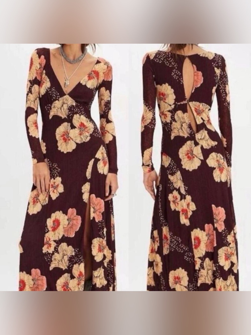Free People Calla Midi Dress Burgundy Floral Long Sleeve